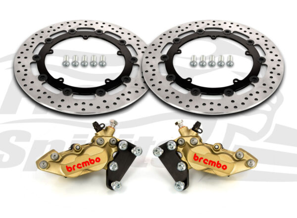 Harley Davidson Touring 07-09, Dyna 06-17 & V-Rod 02-10 - Bolt-in kit with 4p. (Gold) calipers & (Black) rotors 320 mm